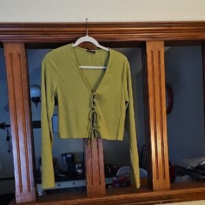 Very J Sage Green Tie-Front Crop Top